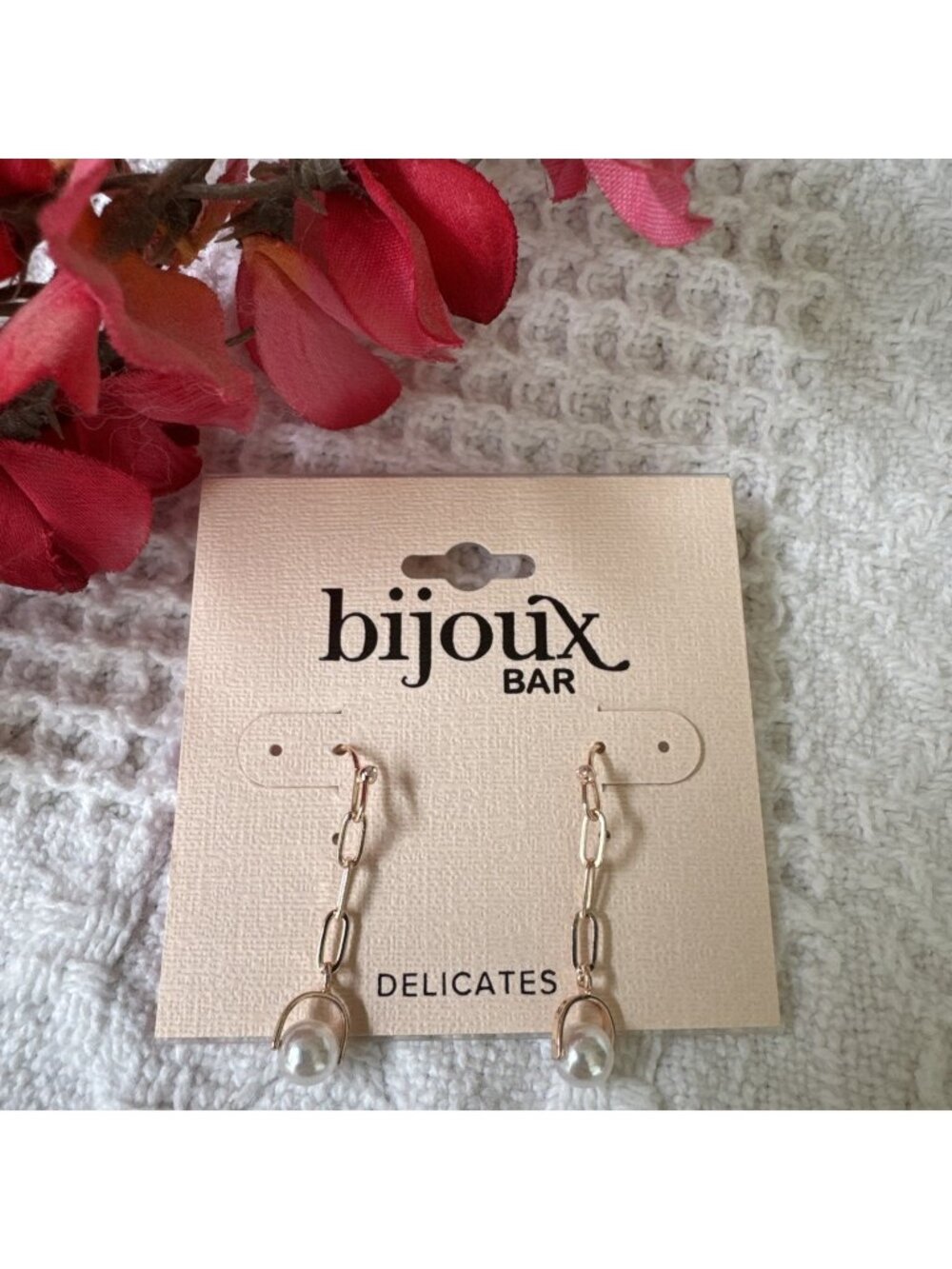 Bijoux Mar Faux Pearl Chain Earrings Dangle Gold Tone NEW